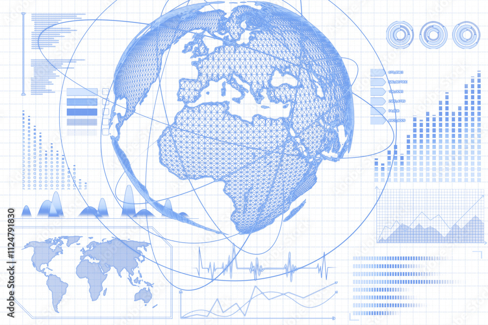 Aufkleber detailed holographic globe with world map, charts, and metrics on a white background, digital style,