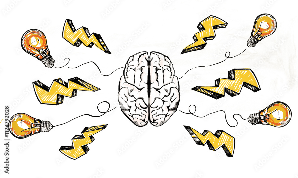 Poster sketch of a brain surrounded by lightbulbs and lightning bolts on a white background, conveying a co