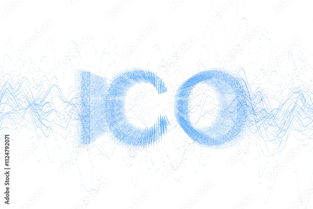 Poster abstract blue ico text with flowing wave lines, digital style, on white background. concept of tech,