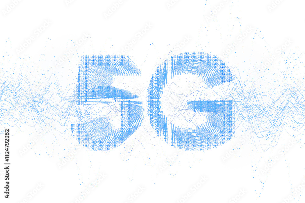 Poster blue 5g sign with digital waveforms, holographic style, isolated on white background, concept of vir