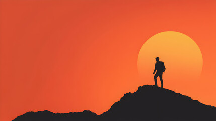 A silhouette of a person hiking up a mountain with a sunrise or sunset in the background, using clean lines. Minimalist hiker on mountain.