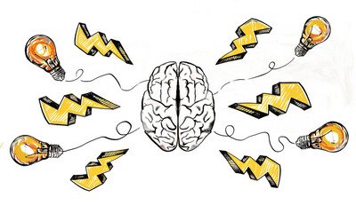 Sketch of a brain surrounded by lightbulbs and lightning bolts on a white background, conveying a concept of ideas and creativity