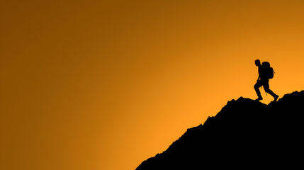 Naklejka premium A silhouette of a person hiking up a mountain with a sunrise or sunset in the background, using clean lines. Minimalist hiker on mountain.