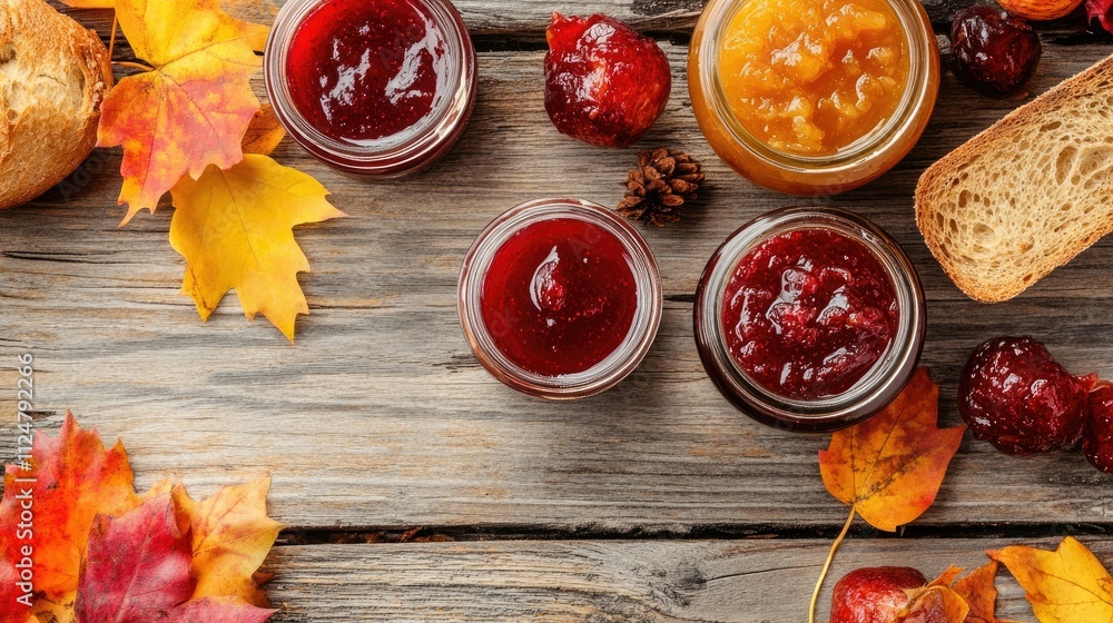 Poster top view of assorted jams and preserves in jars with fresh bread and autumn leaves on a clean wooden