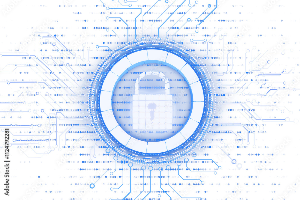 Poster Digital lock icon surrounded by a blue holographic circle and network circuits on a white background, representing cybersecurity. 3D Rendering.