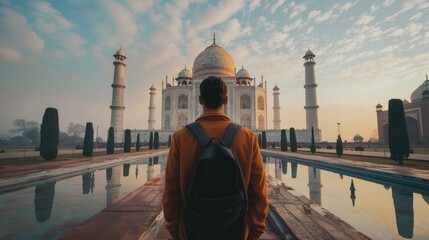 A traveler gazes at the majestic Taj Mahal under a colorful sky.