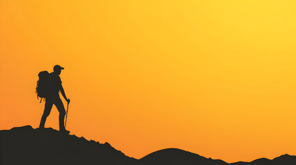 A silhouette of a person hiking up a mountain with a sunrise or sunset in the background, using clean lines. Minimalist hiker on mountain.
