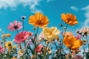 Obraz premium Blooming Under a Summer Sky: A vibrant tapestry of colorful wildflowers dances in the warm embrace of a sunny summer sky.