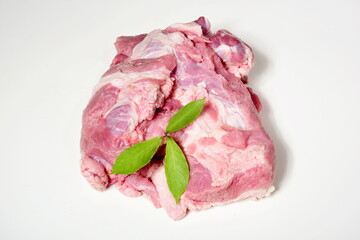 Raw pork meat, isolated on white background. Pork shoulder meat