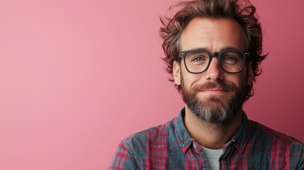 portrait of funny man in plaid shirt with beard and glasses on pink background with copy space