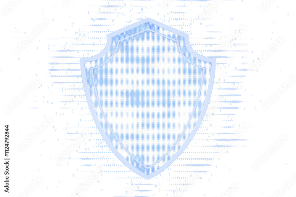 Poster Shield icon with dotted design on white background, surrounded by a binary data pattern. Digital style, symbolizing cybersecurity concept. 3D Rendering.