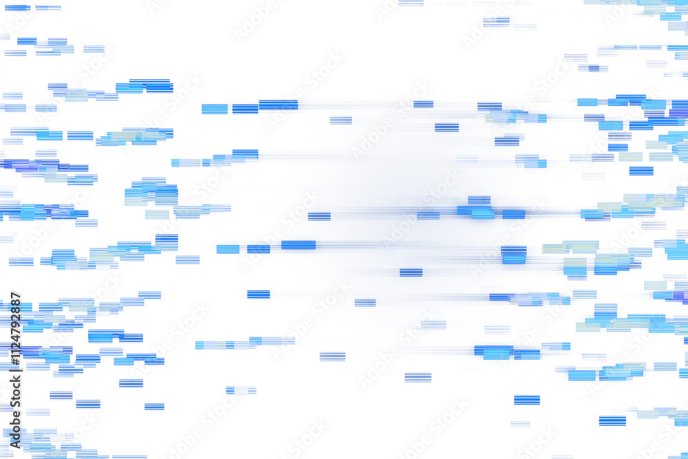 Poster Abstract digital blue linear elements scattered on a white background, clean tech style, concept of virtual connections and design. 3D Rendering.