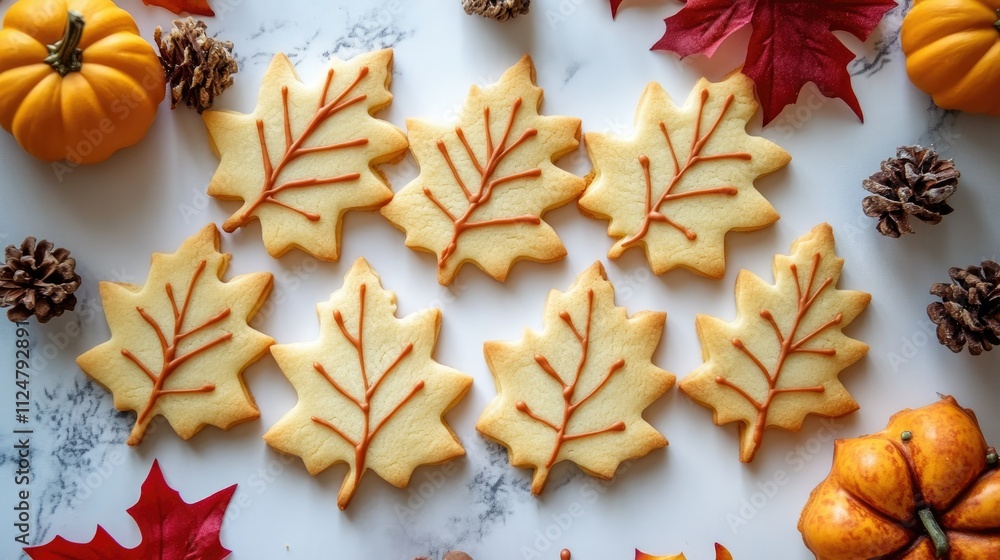 Poster top view of maple leaf-shaped cookies arranged on a clean surface with fall-themed decorations aroun