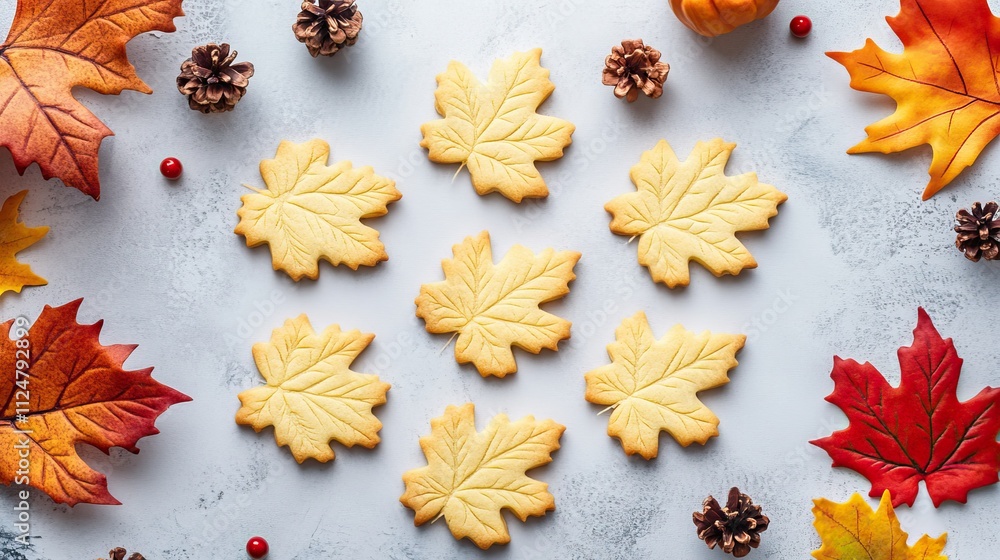 Poster top view of maple leaf-shaped cookies arranged on a clean surface with fall-themed decorations aroun