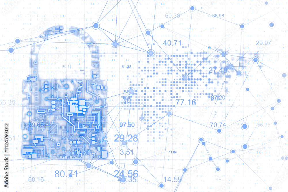 Aufkleber Digital lock with circuit-style design, surrounded by abstract data points and connections, clean white background. Concept of cybersecurity. 3D Rendering.