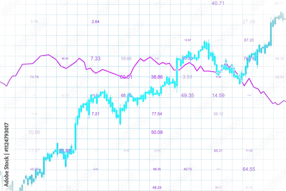 Poster Financial trading chart showing blue candlestick graph and purple line graph on a grid background. Concept of forex, data, and global trends. 3D Rendering.