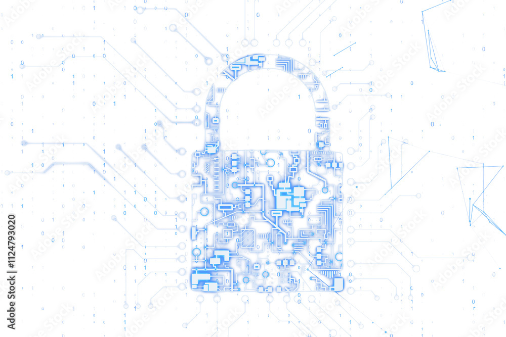 Leinwandbilder digital padlock with blue circuits forming its design, placed on a white background with digital pat