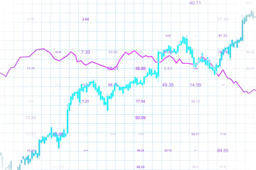 Financial trading chart showing blue candlestick graph and purple line graph on a grid background. Concept of forex, data, and global trends. 3D Rendering.