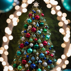  
Two christmas trees made of glass baubles with warm lights shining on white snow and blurred christmas tree in background