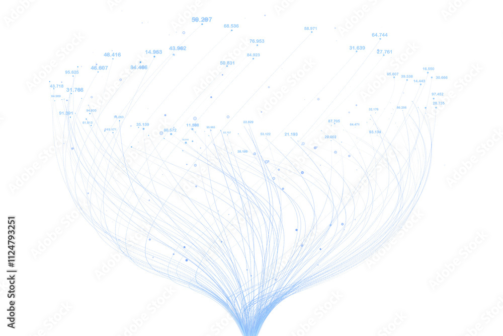 Aufkleber Blue data points and lines forming an abstract flow pattern on a white background, symbolizing digital technology and data analysis concept. 3D Rendering.
