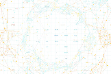 Abstract digital network with nodes and lines, light colors, holographic style, transparent grid background, concept of data analysis. 3D Rendering.