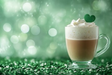 Irish coffee with whipped cream and green heart decoration celebrating saint patrick's day with green bokeh background