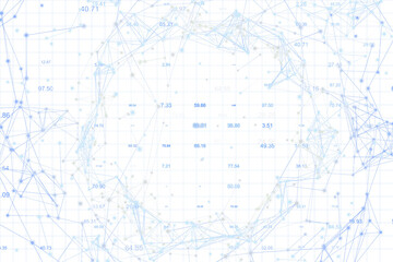 Obraz premium Abstract digital network with blue lines, numbers, and nodes on a white grid background. Concept of data analysis, technology, and cloud. 3D Rendering.