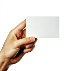 Male hand holding a blank card or a ticketflyer, cut out isolated on white background.