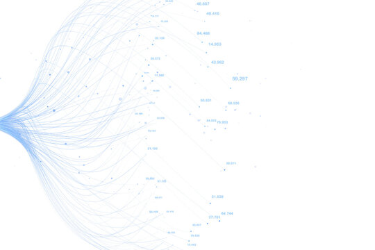 Abstract blue network of finely connected lines and dots on a white background, showcasing digital data flow and technology concept. 3D Rendering.