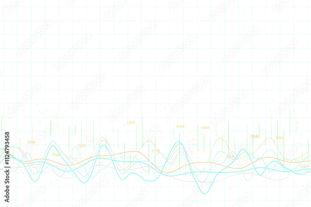 Poster Abstract neon waveforms and data points displayed on a white grid background, digital style, concept of technology and analytics. 3D Rendering.