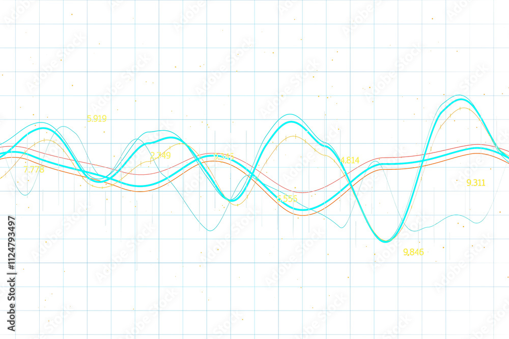 Fototapete Abstract graph featuring dynamic neon blue lines and numerical data on a white grid background, representing virtual analysis or tech concepts. 3D Rendering.