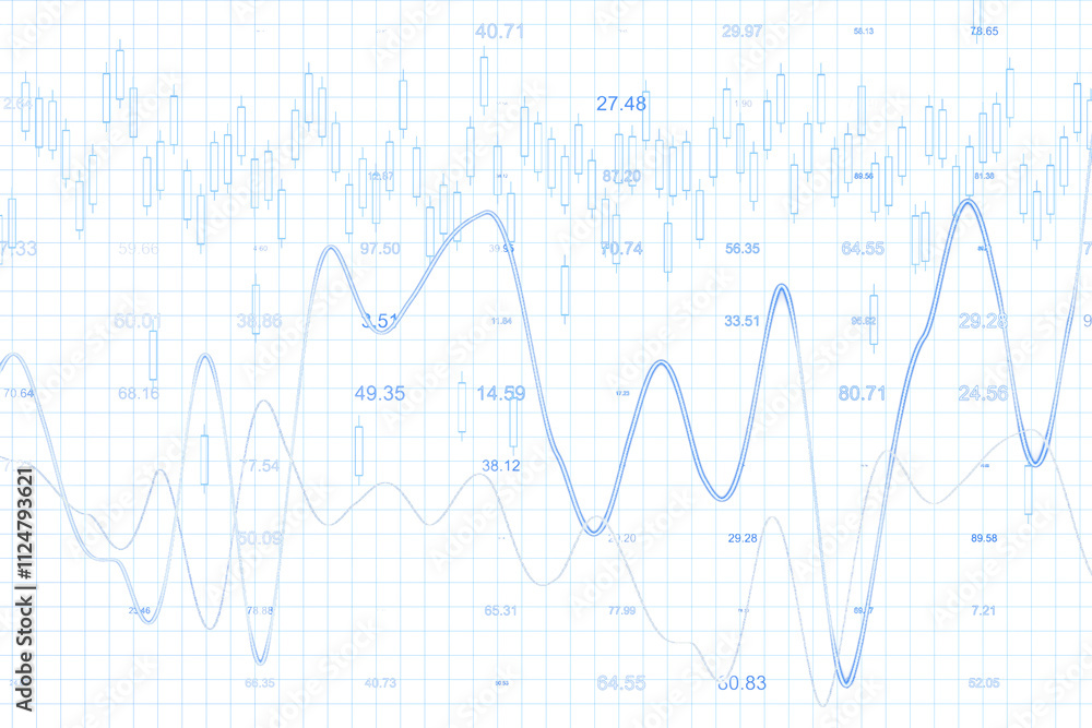 Canvas Prints Abstract blue financial chart with lines, numbers, and candlesticks on a white grid background, representing analysis and growth concept. 3D Rendering.