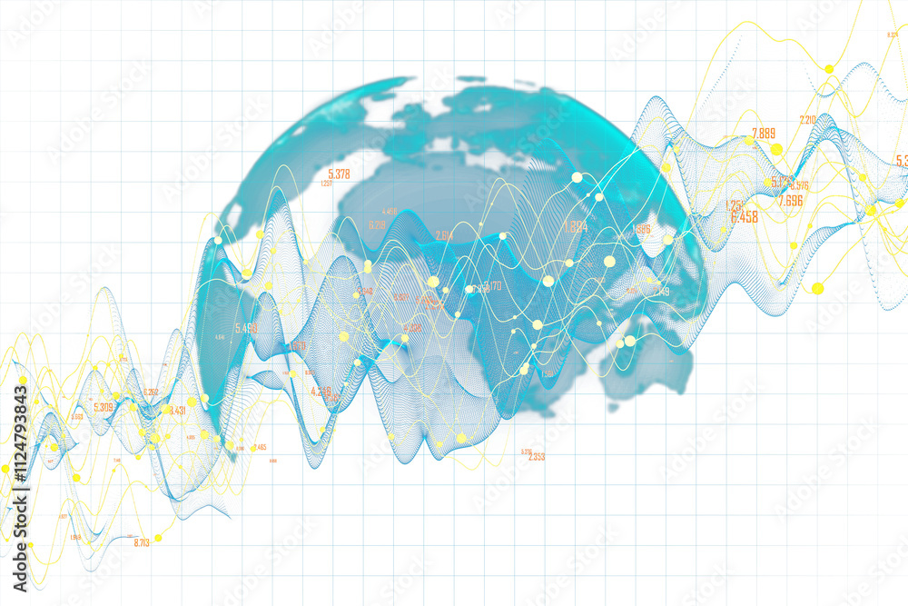Aufkleber Digital globe with dynamic data lines and holographic effects, displayed on a white grid background. Concept of global analytics and technology. 3D Rendering.