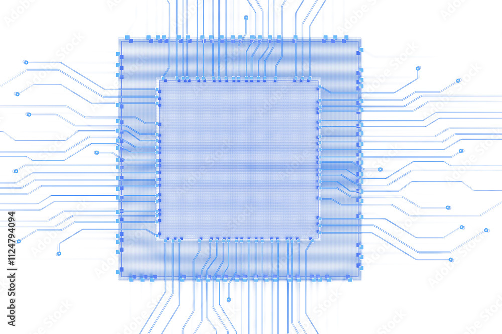 Poster Abstract blue microchip design with intricate circuit lines, grid texture, on white background. Concept of technology, connectivity. 3D Rendering.