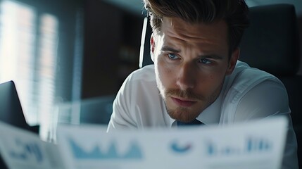 A focused businessman reviews financial charts, demonstrating concentration and analytical skills in a modern office environment.