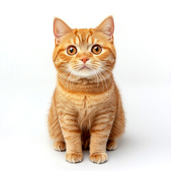 Obraz premium Isolated on white background, a cute ginger cat sits and stares at the camera .