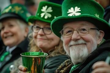 Senior man in leprechaun hat raises a green cup in celebration of st. Patrick's day with friends