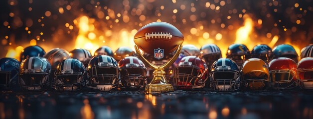 Creative poster. American football ball on golden trophy and helmets placed in fire, symbolizing intensity, energy and passion of the game.
