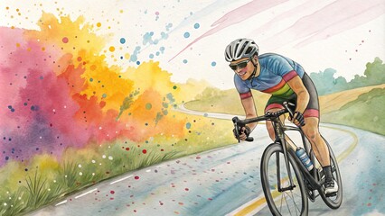 Fototapeta premium Watercolor Cyclist Dynamic Composition, Vibrant Colors, Exploding Energy, Road Cycling, Athlete Road Cycling, Watercolor Painting