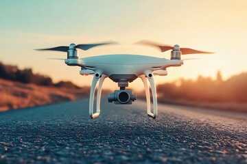 Delivery drone with rotating propellers hovers over an asphalt road, ready to drop off packages as the sun sets