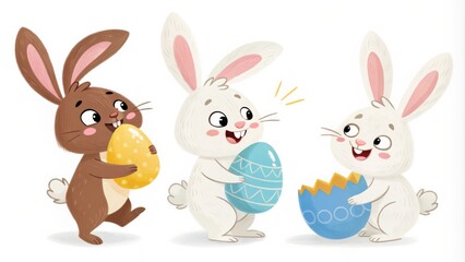 Fototapeta premium Three Easter Bunnies with Eggs Digital Painting, Cute Cartoon Style, Holiday Concept Easter, Bunny