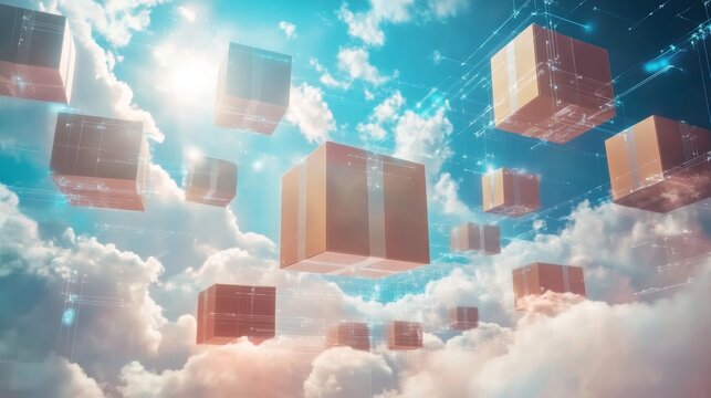 Virtual online shopping delivery with digital packages flying through the cloud, showcasing fast and efficient delivery systems, and a futuristic interface