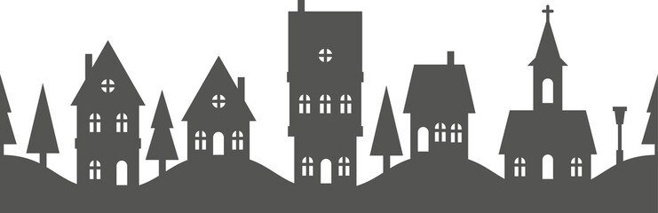 Obraz premium Silhouette of neighborhood houses. Small homes and buildings on skyline. Christmas town and village. Row of cottages on the street with fir trees and church. Seamless border