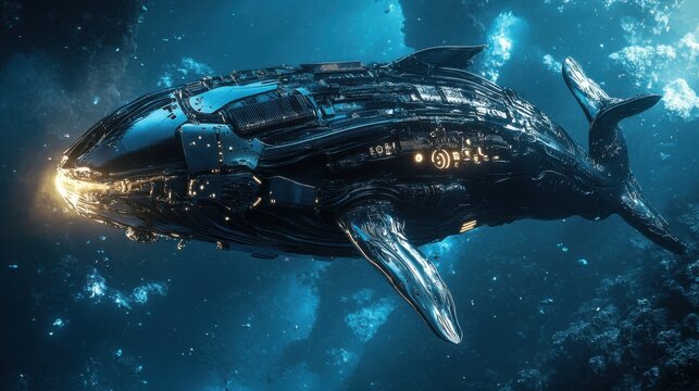 Futuristic metallic whale in deep ocean. - Powered by Adobe