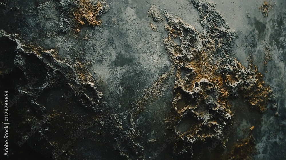 Poster dark rough textured surface with gold highlights creating an otherworldly landscape