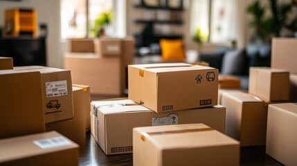 Online shopping delivery with categorized items such as electronics, fashion, and home goods displayed on a sleek, organized website interface, showcasing efficient shipping icons and fast delivery