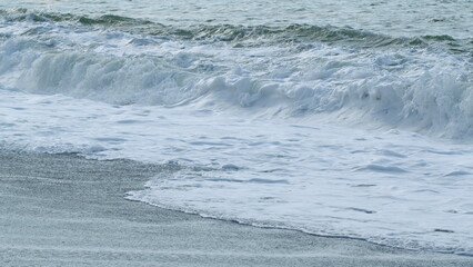 Heavy Wave Breaking. Beautiful Dark Sea Surface. Storm Warning On Coast. Slow motion.