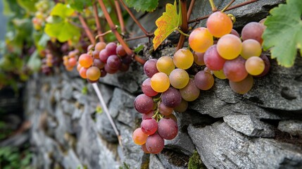 A vine of grapes growing along an old stone wall, with the fruits in various stages of ripeness.