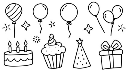 birthday party set line art icon sign silhouette vector illustration on white background