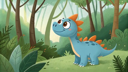 Naklejka premium Cute Baby Dino in Forest Digital Painting, Cartoon Style, Nature Concept Dinosaur, Illustration